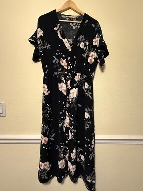 Liberty Love Black Floral Midi Dress with Cream and Pink Blooms